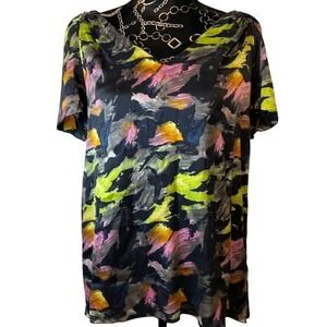 Rebecca Moses Silk Blend Abstract Print Draped V-Neck Blouse Multicolor Large‎
